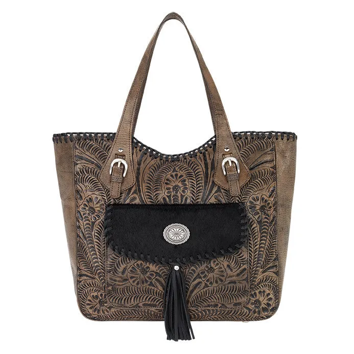 American West Handbag Annie's Secret Collection: Leather Zip Top Tote, Western Tooled, Pocket