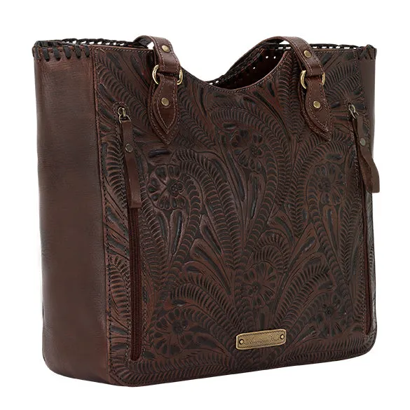 American West Handbag Annie's Secret Collection: Leather Zip Top Tote, Western Tooled, Pocket