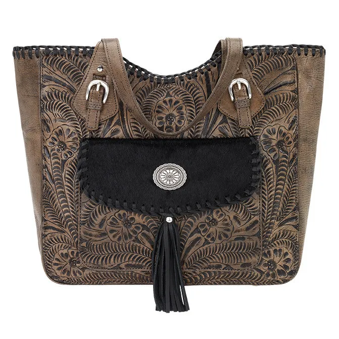 American West Handbag Annie's Secret Collection: Leather Zip Top Tote, Western Tooled, Pocket