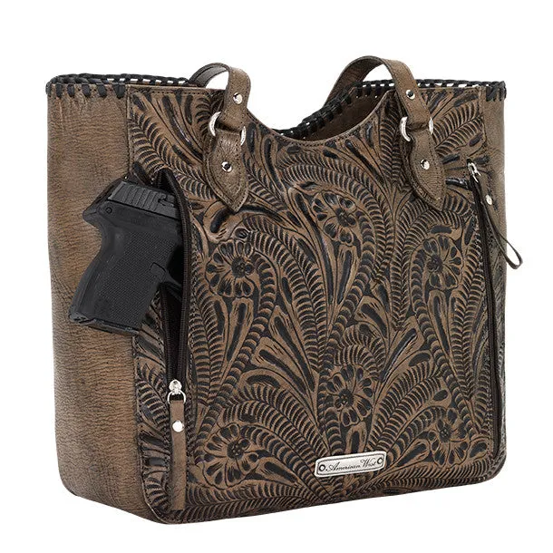American West Handbag Annie's Secret Collection: Leather Zip Top Tote, Western Tooled, Pocket