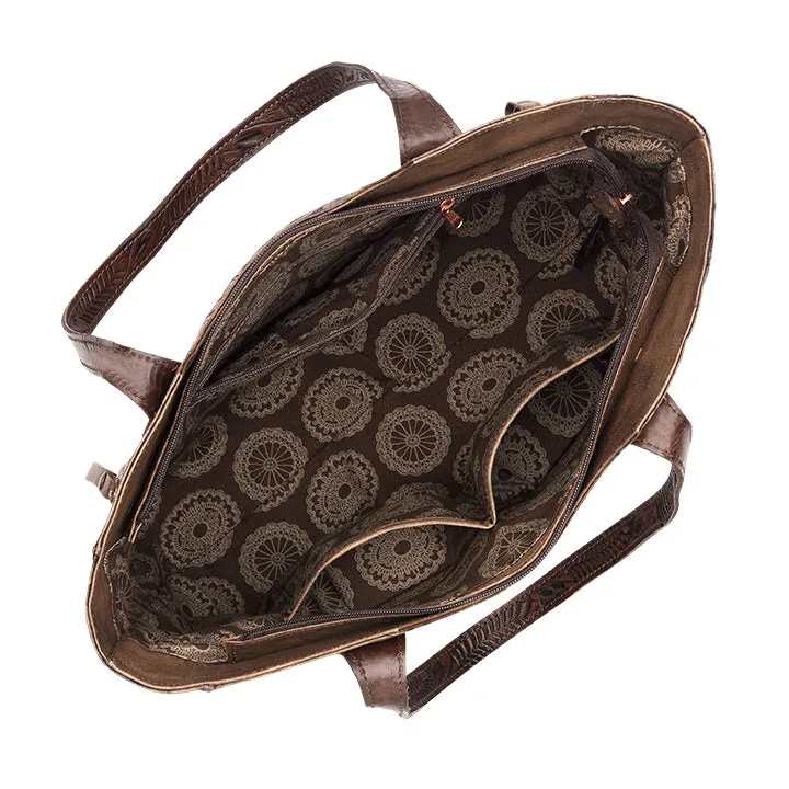 American West Handbag Annie's Secret Collection: Leather Zip Top Tote, Western Tooled, Pocket