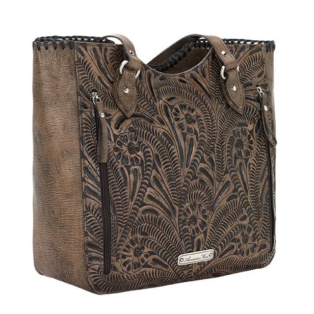 American West Handbag Annie's Secret Collection: Leather Zip Top Tote, Western Tooled, Pocket