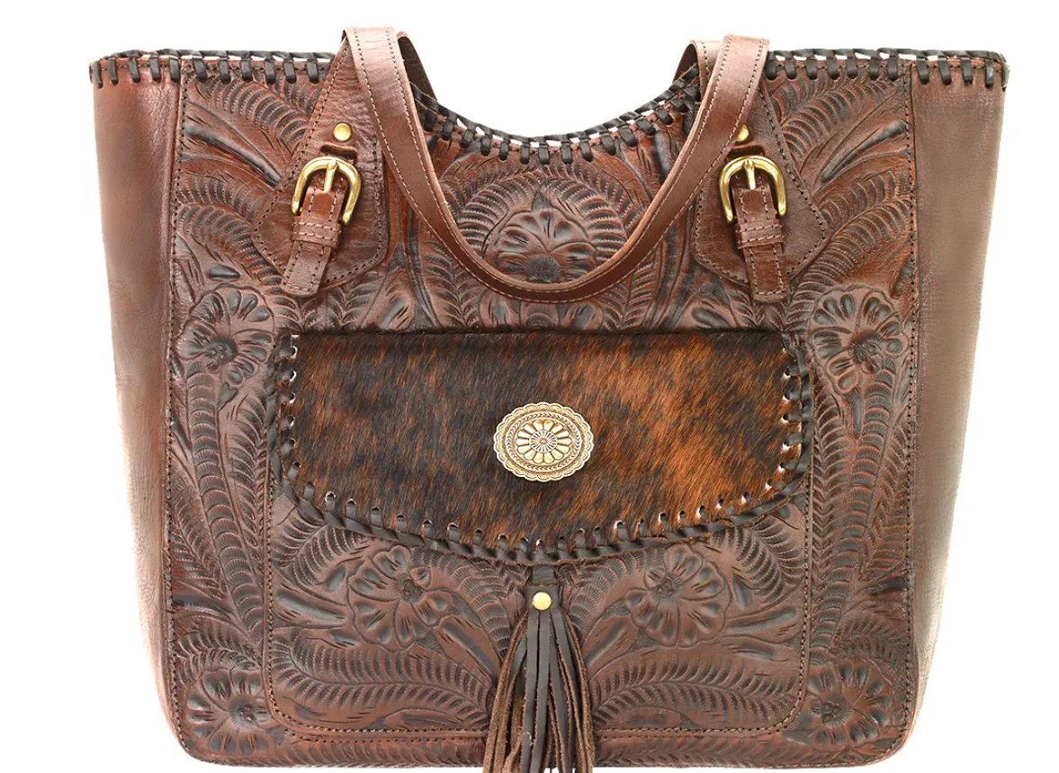 American West Handbag Annie's Secret Collection: Leather Zip Top Tote, Western Tooled, Pocket