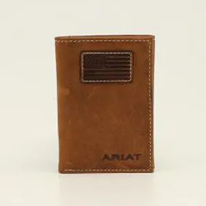 Ariat Medium Brown Trifold Wallet with USA Flag Patch