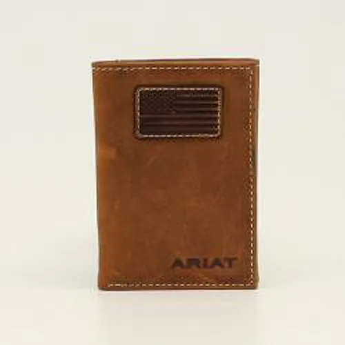 Ariat Medium Brown Trifold Wallet with USA Flag Patch