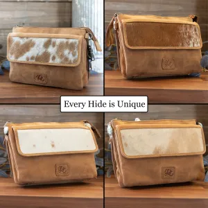 Bobbie | Leather Concealed Carry Crossbody, Shoulder Bag | Hair-On Cowhide Accents | Compact-Size Bag | Locking Exterior Concealment Pocket