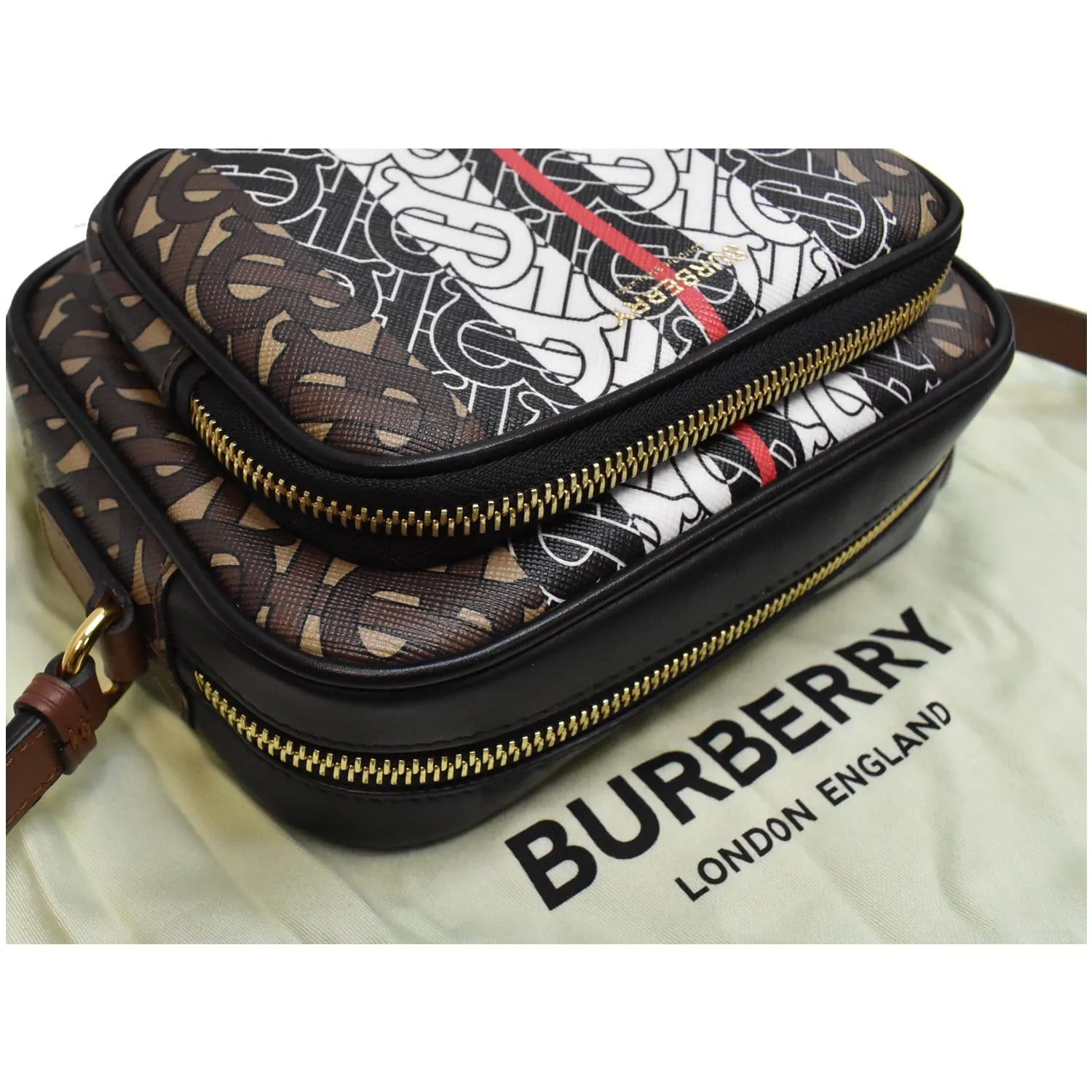 BURBERRY Bridle Stripe Small Monogram E-Canvas Camera Bag Brown