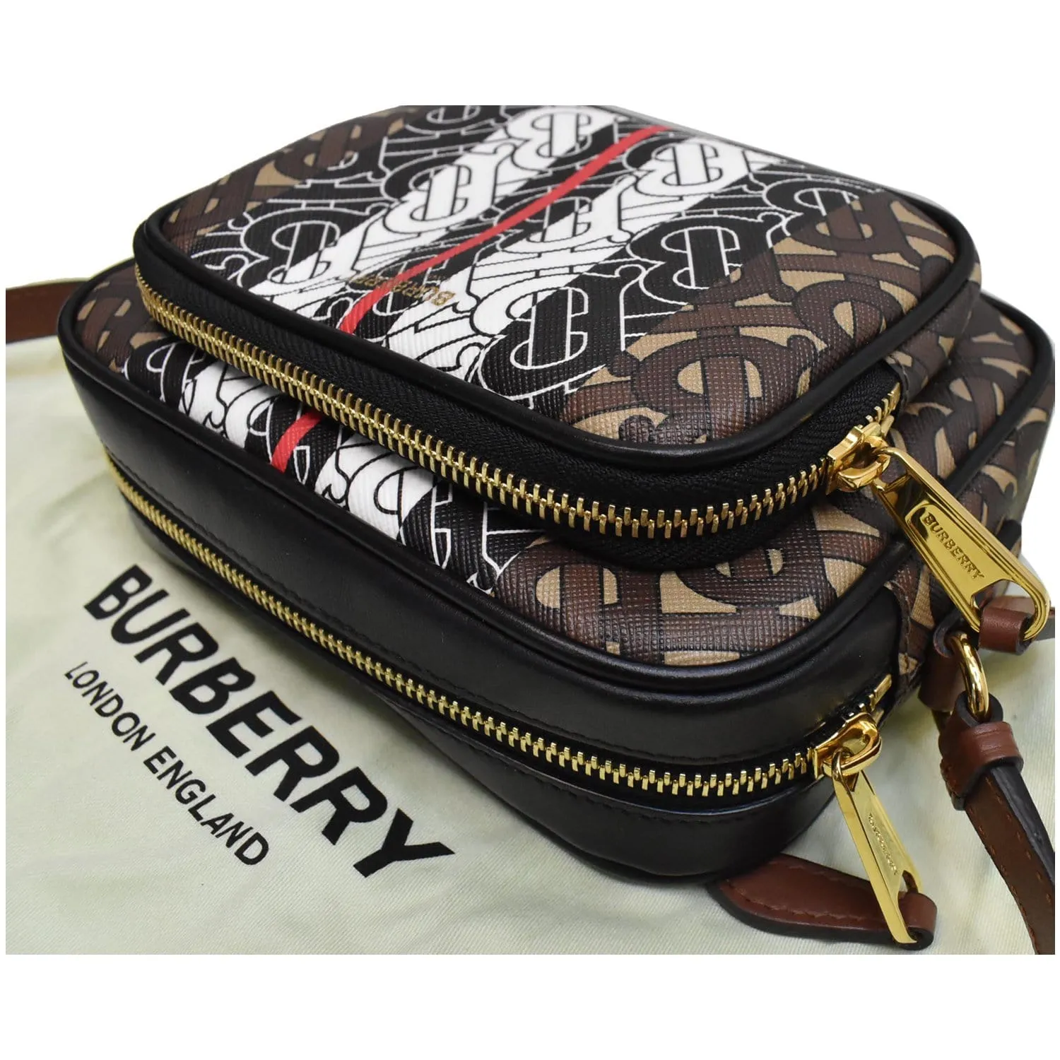 BURBERRY Bridle Stripe Small Monogram E-Canvas Camera Bag Brown