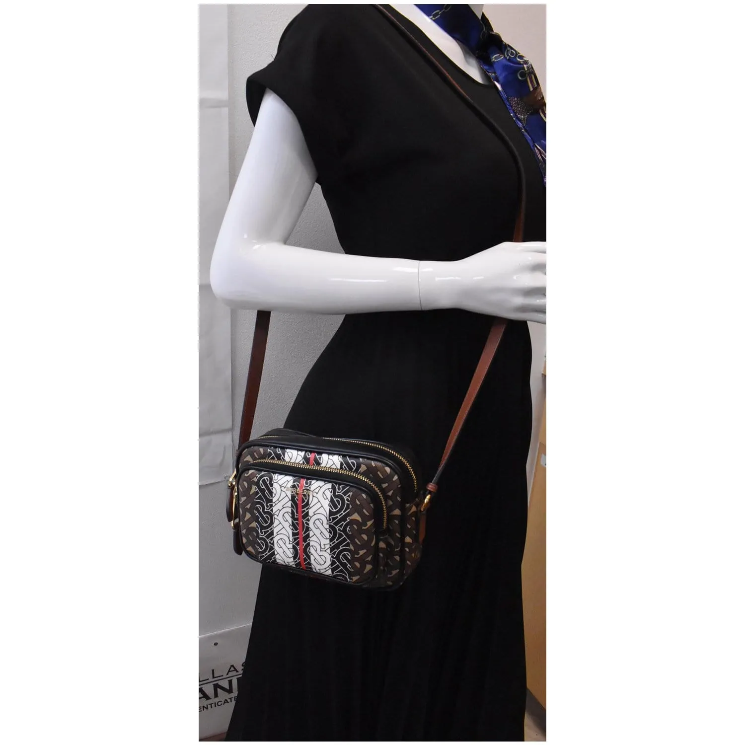BURBERRY Bridle Stripe Small Monogram E-Canvas Camera Bag Brown