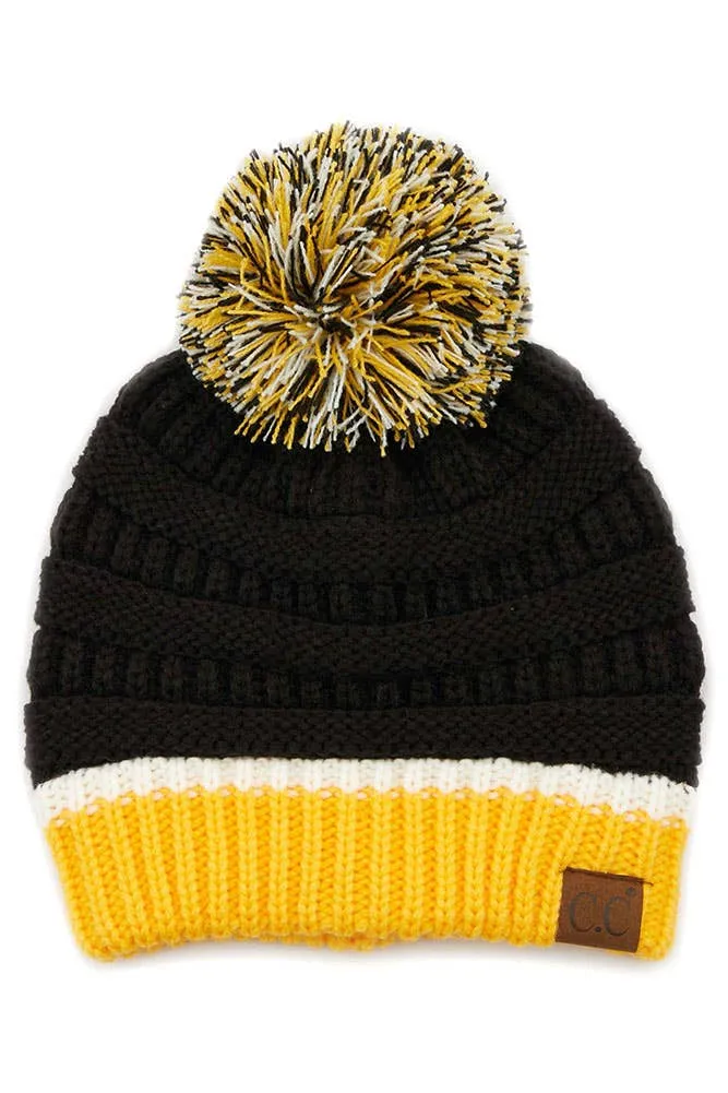 C.C Team Color Ribbed Beanie with Pom Winter Hat