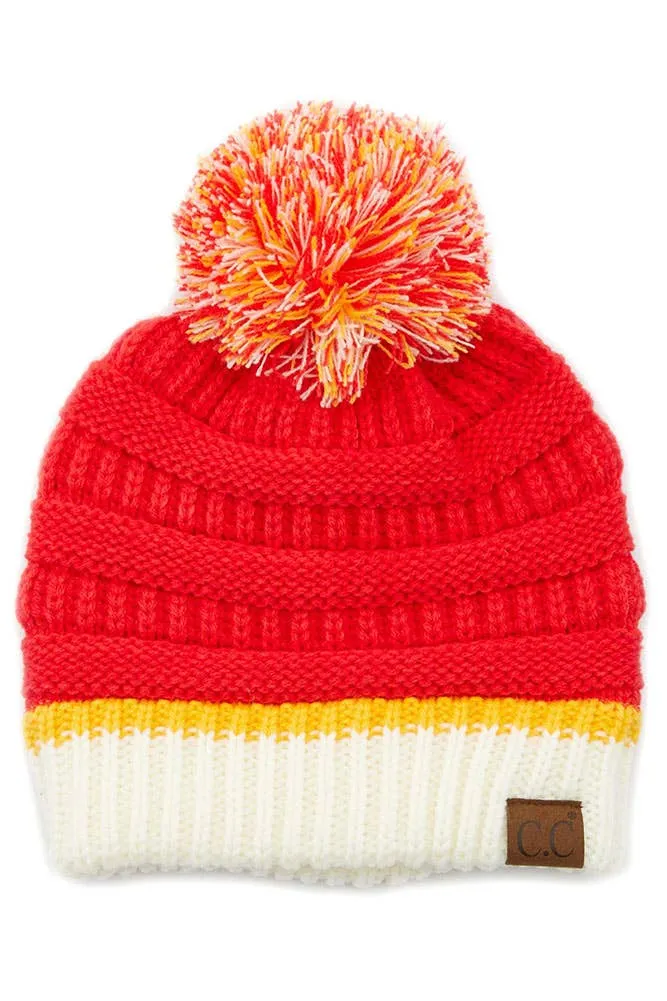C.C Team Color Ribbed Beanie with Pom Winter Hat