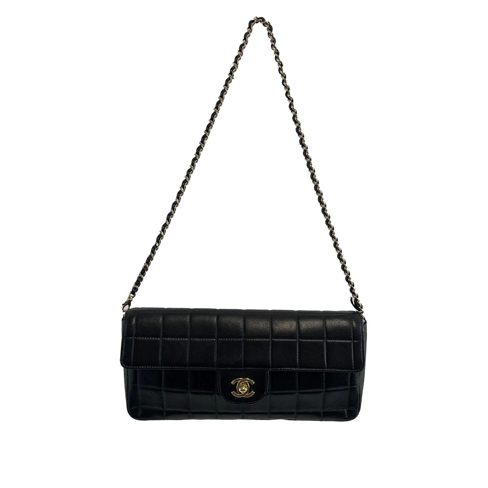 Chanel Chocolate Bar Flap East West CC Medium Black Handbag Excellent