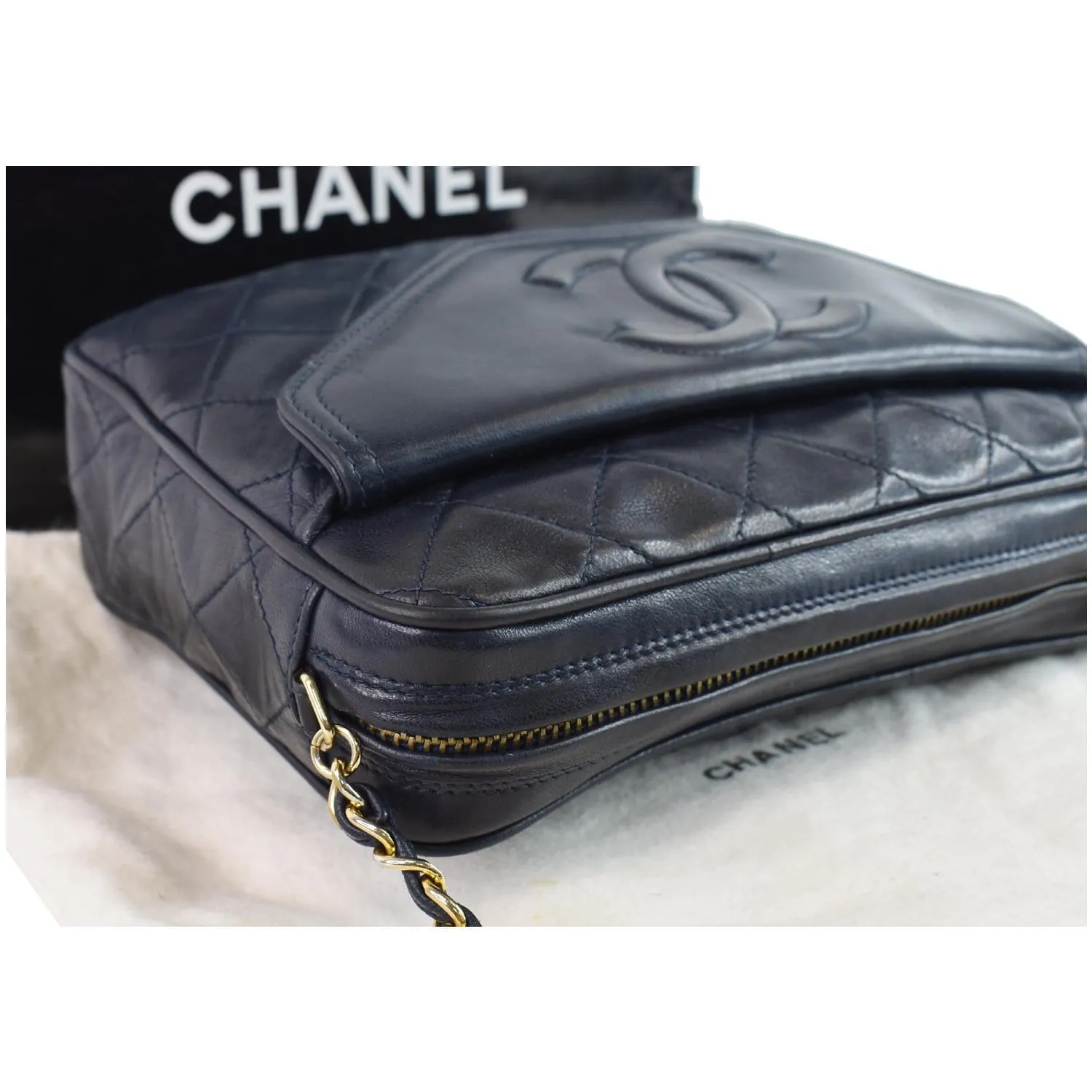 CHANEL Vintage Front Pocket Lambskin Leather Camera Bag Blue