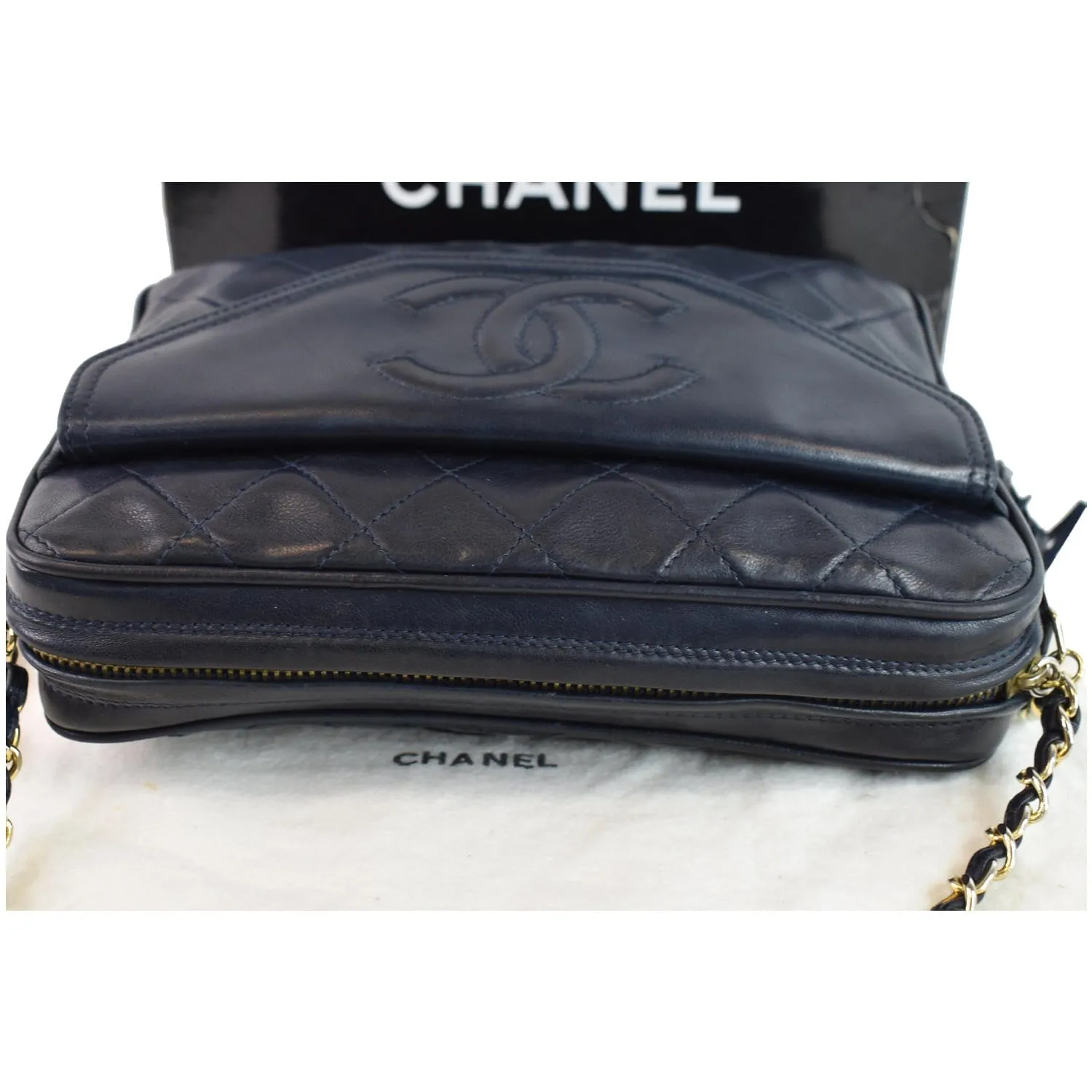 CHANEL Vintage Front Pocket Lambskin Leather Camera Bag Blue