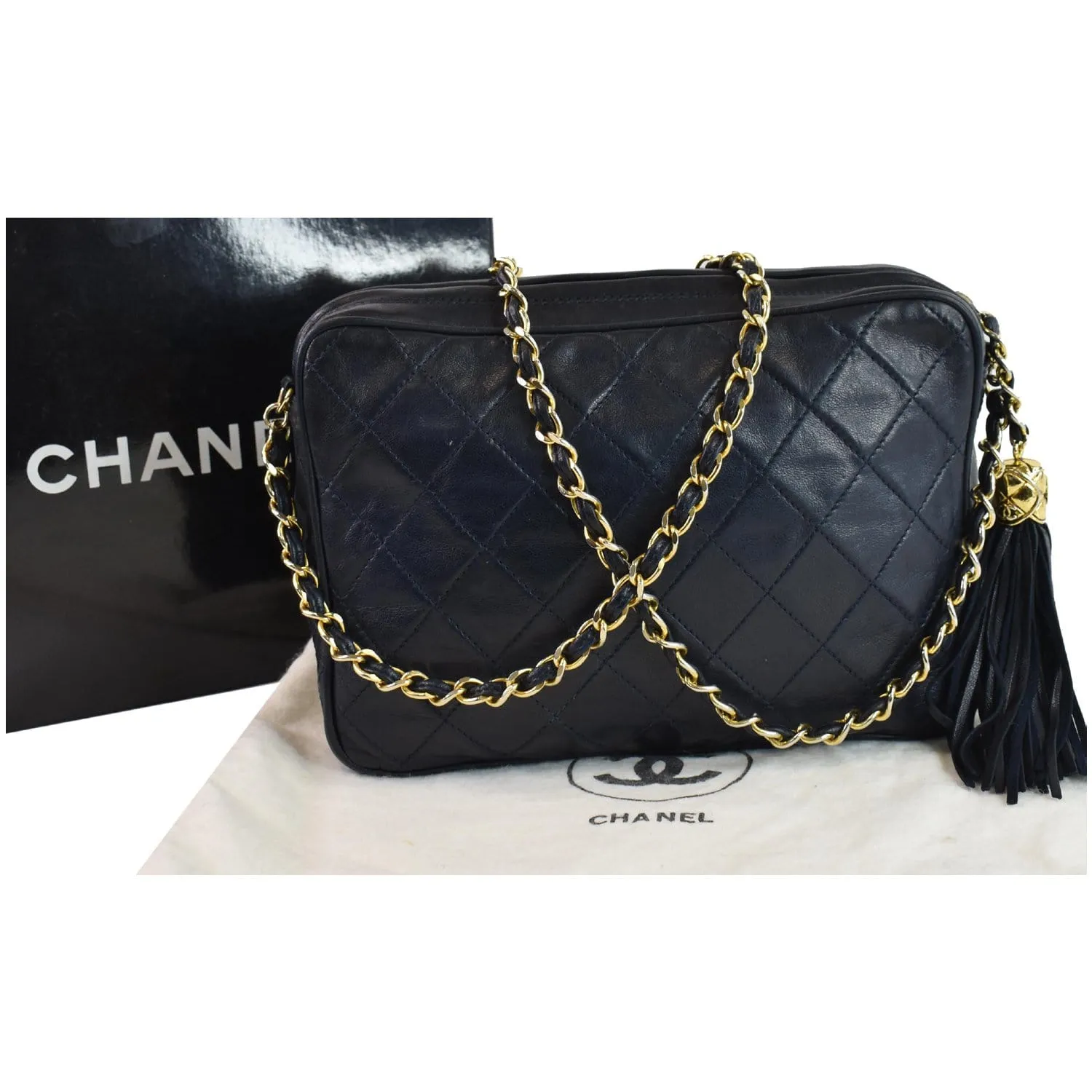 CHANEL Vintage Front Pocket Lambskin Leather Camera Bag Blue