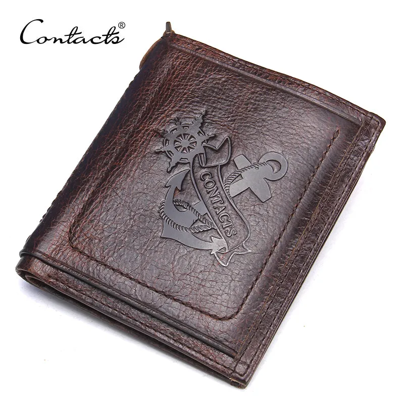 CONTACT'S Brand Wallet Casual Anchor Printed Design Genuine Leather Men Wallets With Card Holder and Coin Pocket For Male