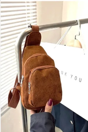 CORDUROY VINTAGE DOUBLE POCKET CROSSBODY SLING BAG - CAMEL