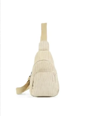 CORDUROY VINTAGE DOUBLE POCKET CROSSBODY SLING BAG - SAND BEIGE