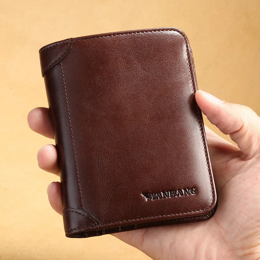 Cowhide Top Clip Short Man's Purse With Three Discount