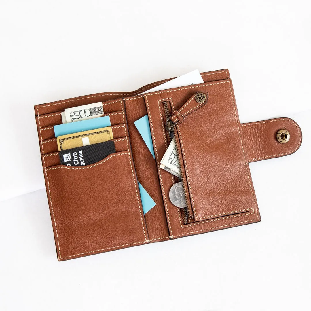 Creston - Leather Wallet with Brass hardware and Custom Snap Chestnut Leather Folding Wallet