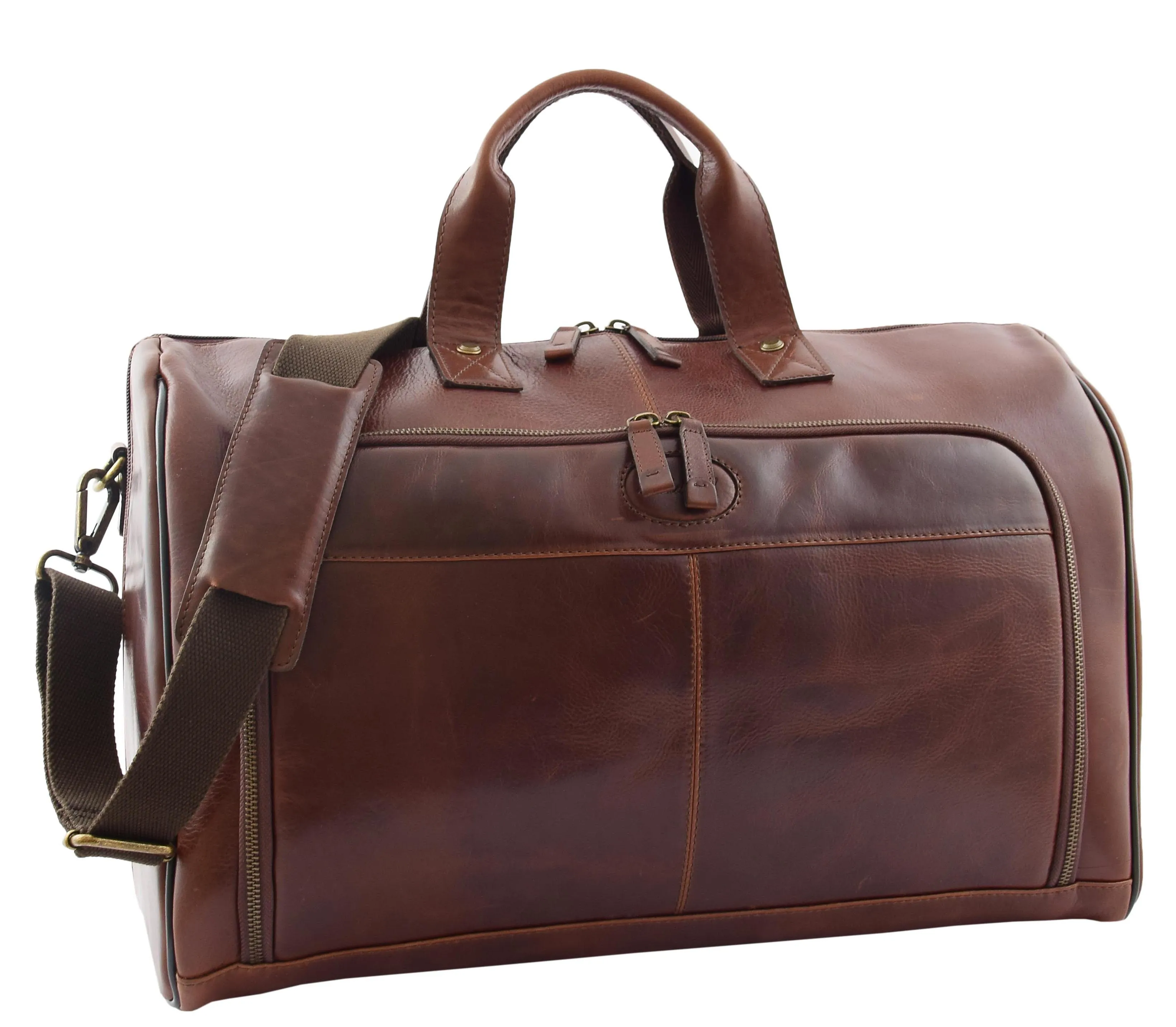 DR292 Genuine Leather Travel Holdall Overnight Bag Brown