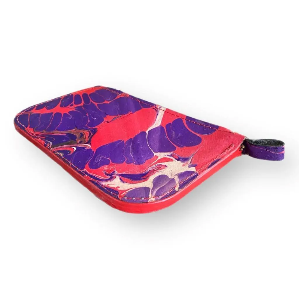Hand Dipped Ink Art Red Purple Leather Zipper Pouch Wallet Purse Women's Men's