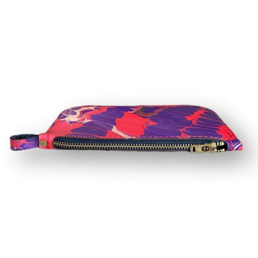 Hand Dipped Ink Art Red Purple Leather Zipper Pouch Wallet Purse Women's Men's