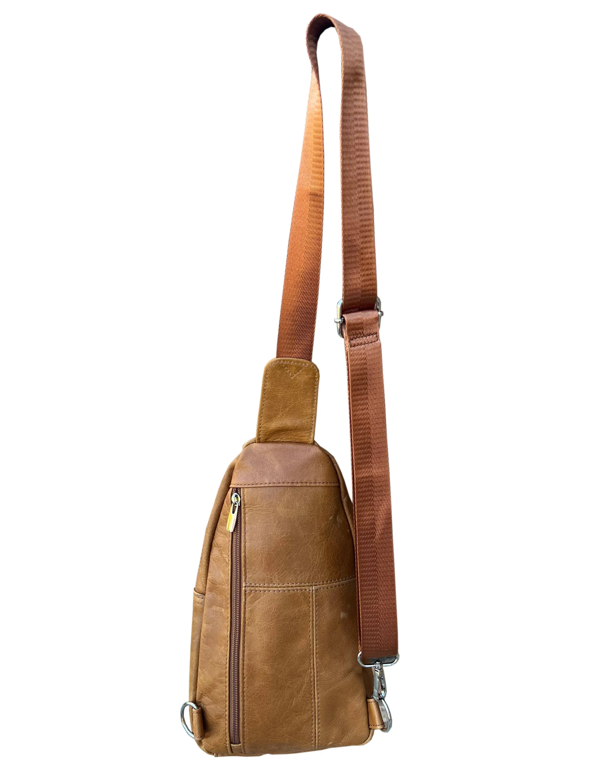 Light Brown Cowhide leather Sling bag with adjustable shoulder strap