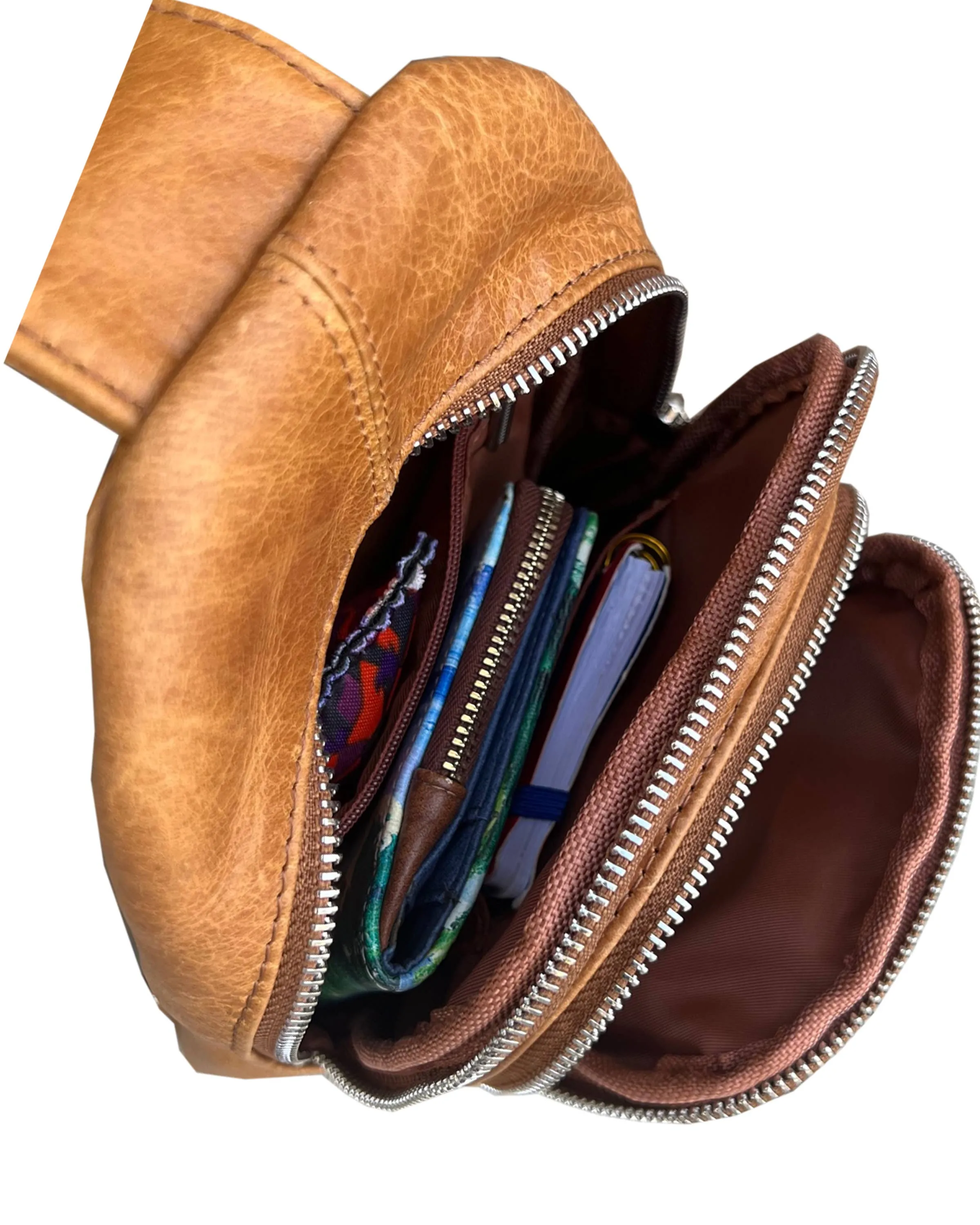 Light Brown Cowhide leather Sling bag with adjustable shoulder strap
