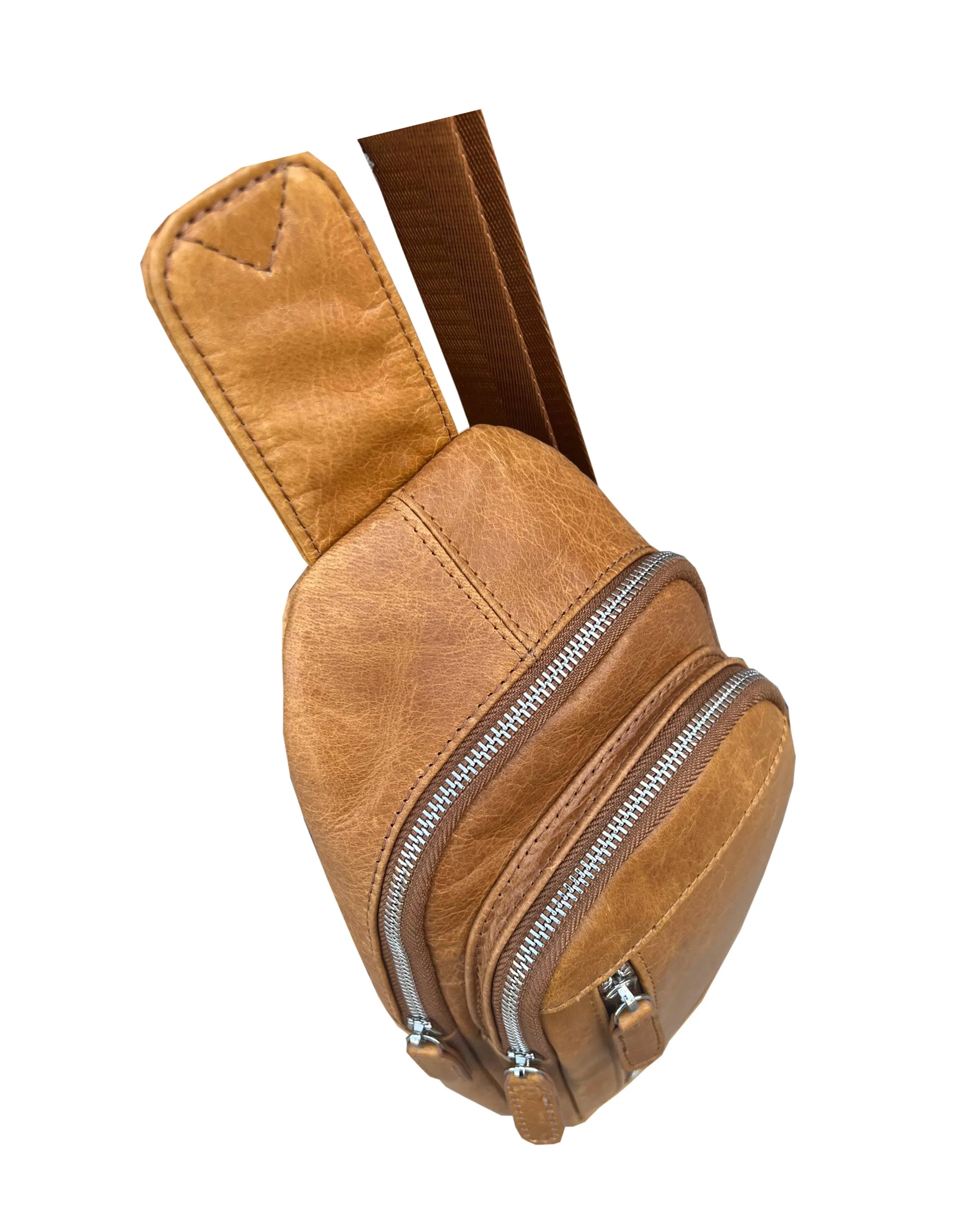Light Brown Cowhide leather Sling bag with adjustable shoulder strap