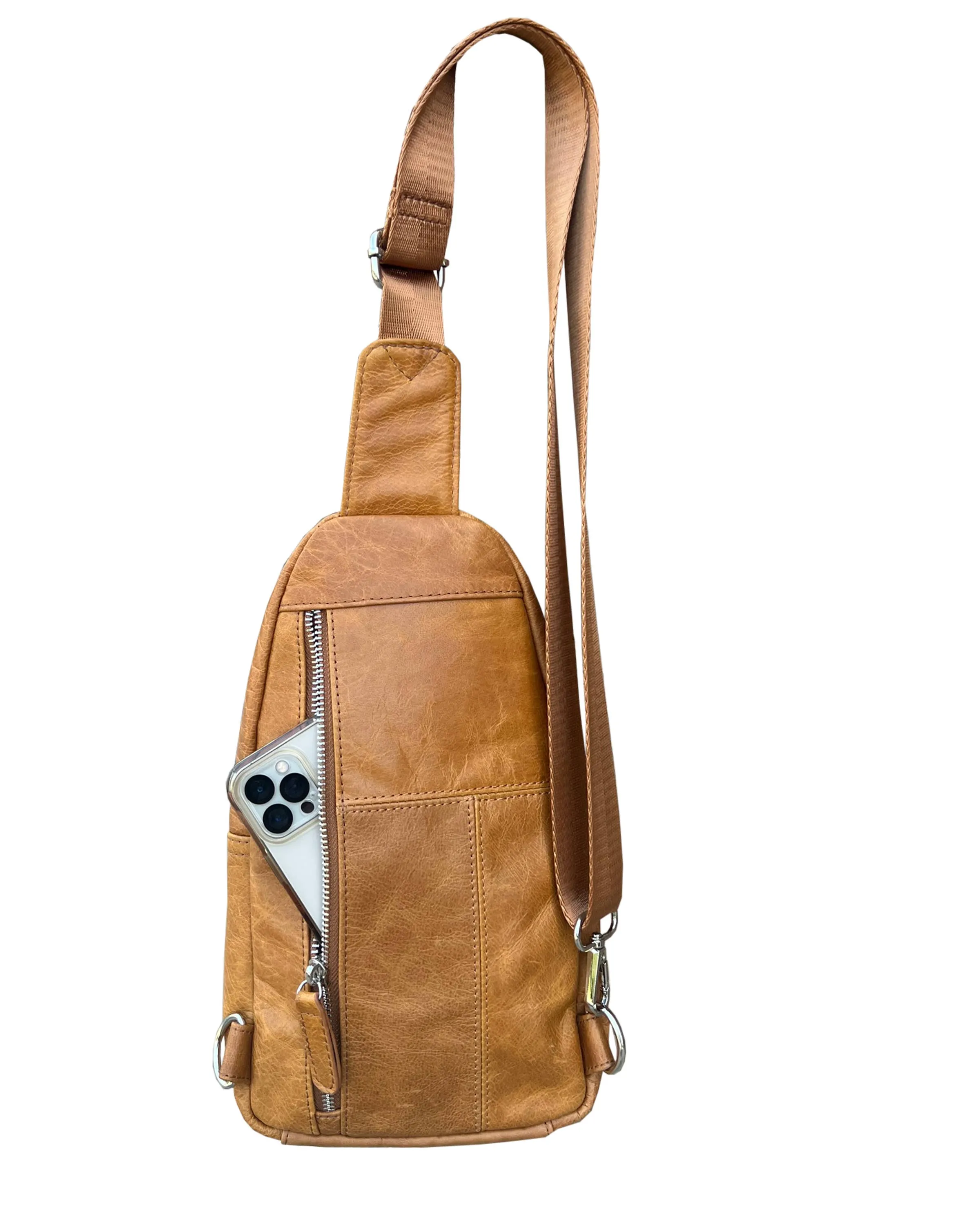 Light Brown Cowhide leather Sling bag with adjustable shoulder strap