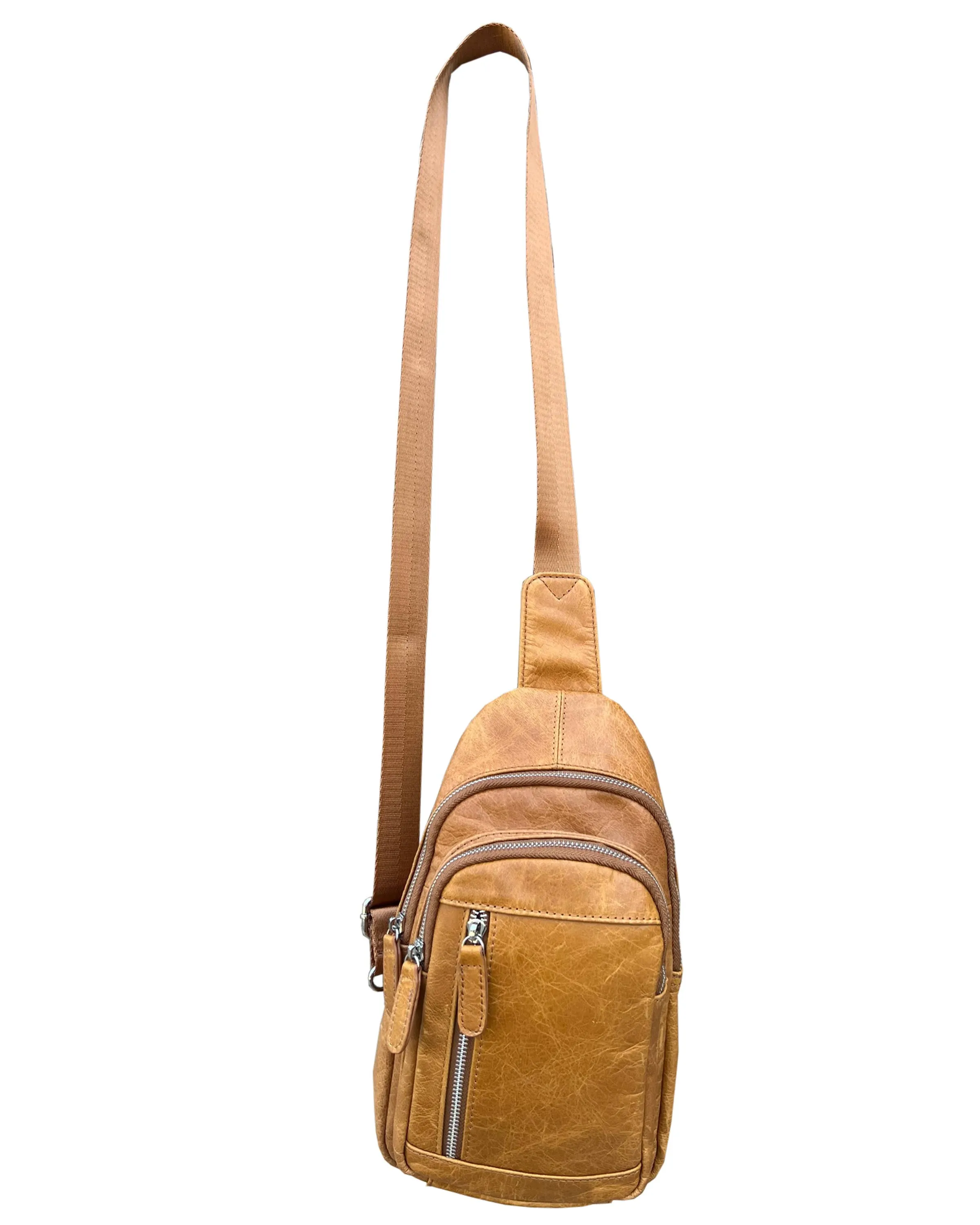 Light Brown Cowhide leather Sling bag with adjustable shoulder strap