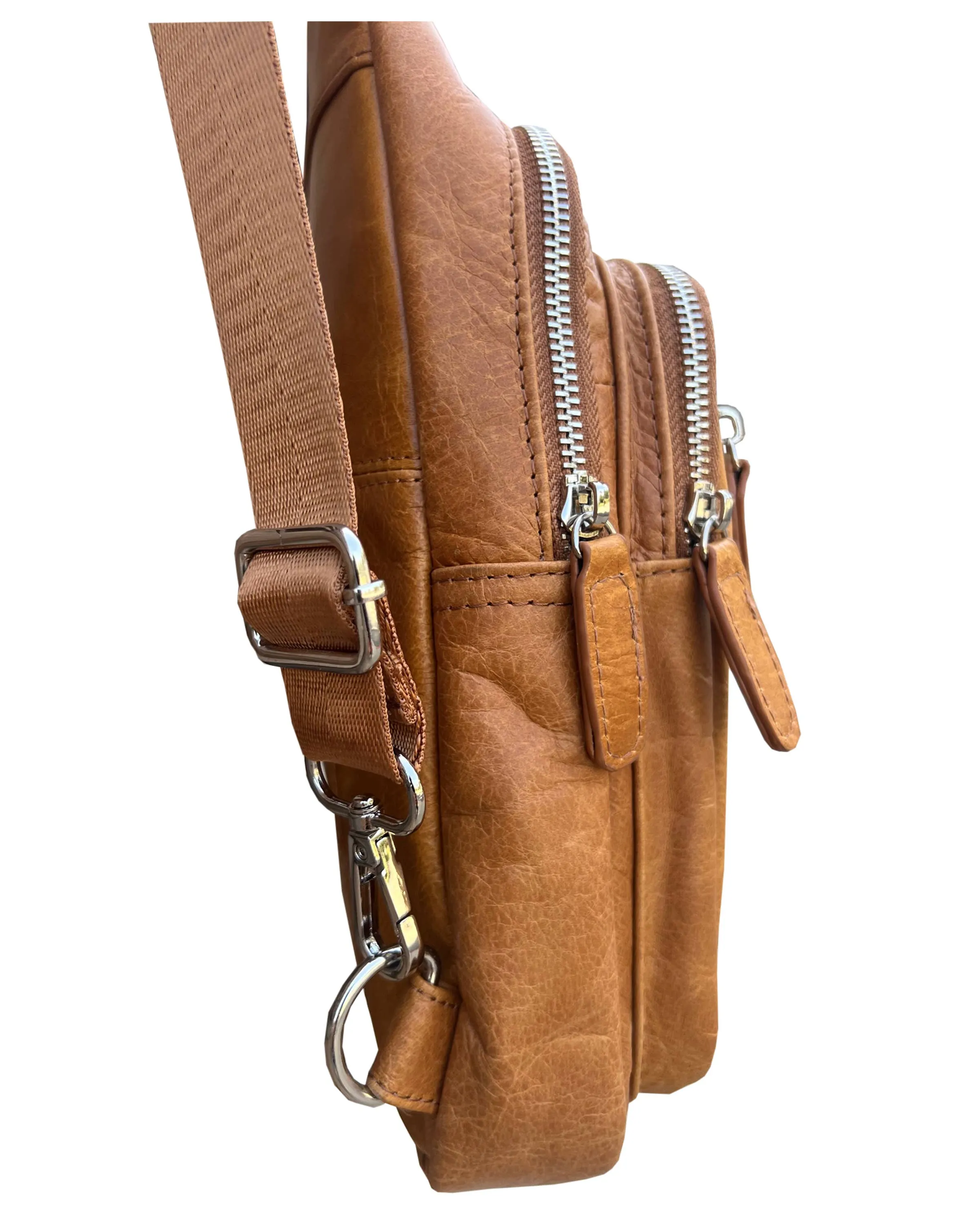 Light Brown Cowhide leather Sling bag with adjustable shoulder strap