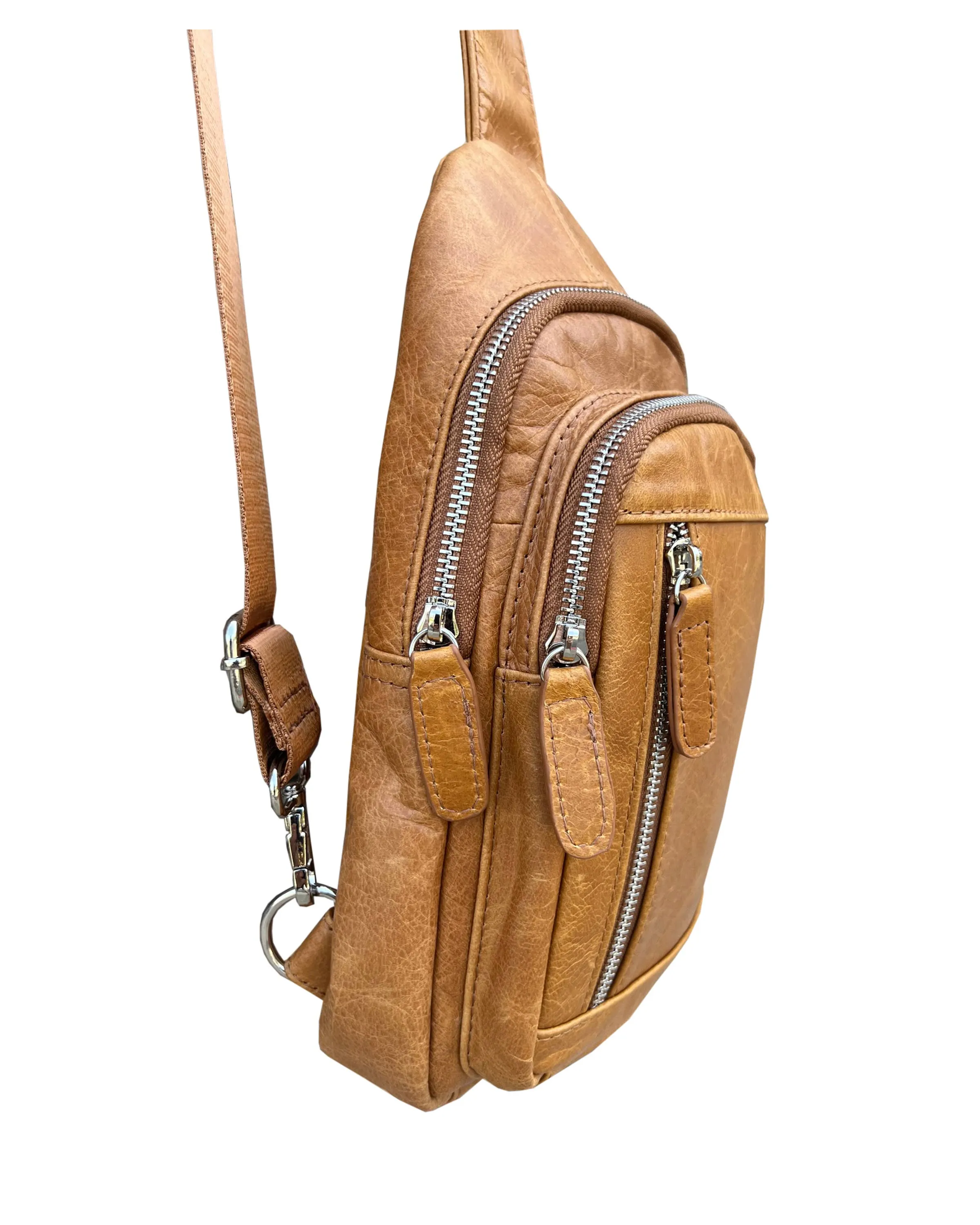 Light Brown Cowhide leather Sling bag with adjustable shoulder strap