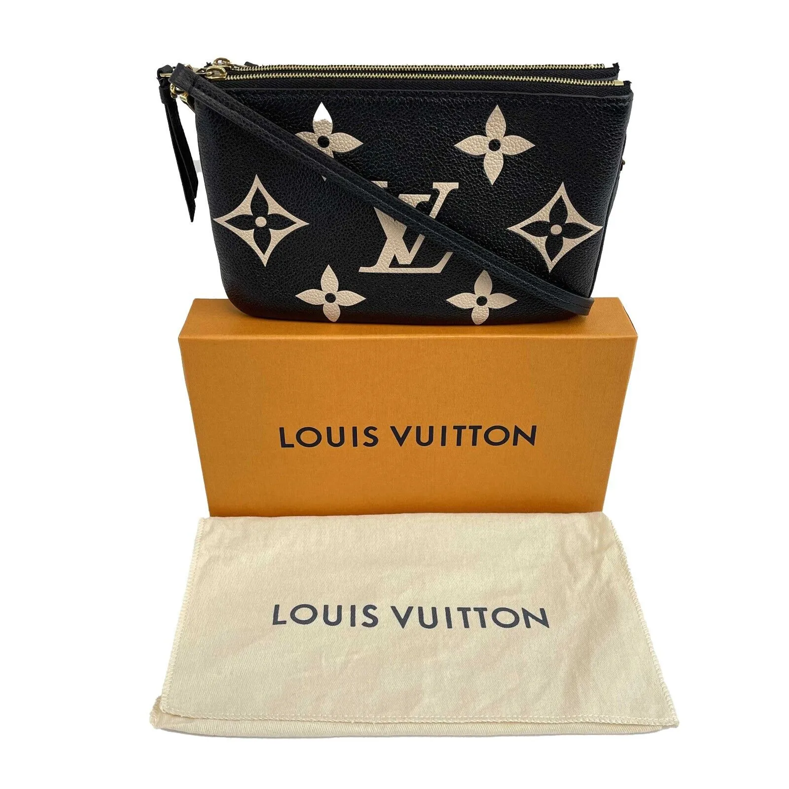 Louis Vuitton - Double Zip Pochette - Black / Beige Leather Crossbody - FULL KIT