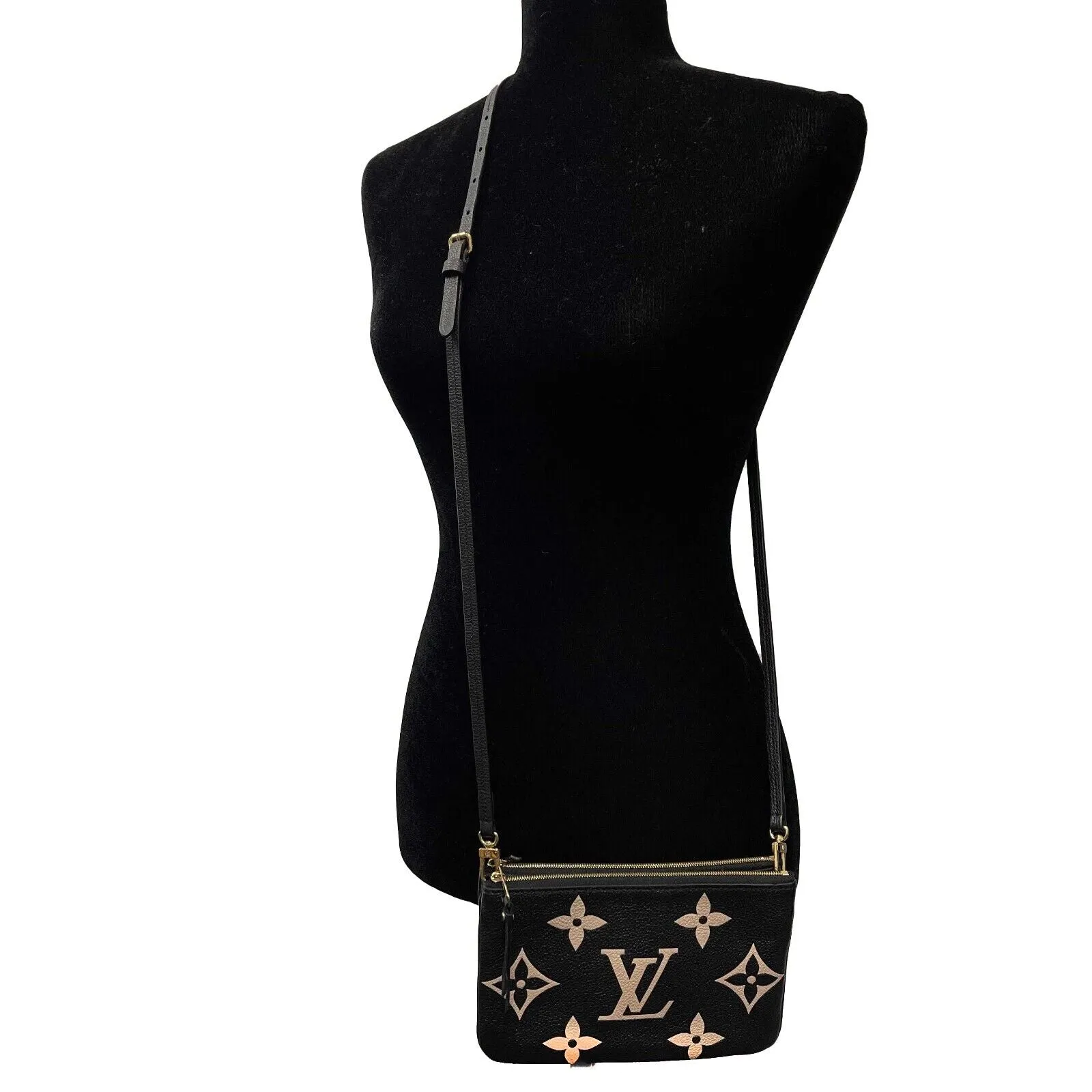 Louis Vuitton - Double Zip Pochette - Black / Beige Leather Crossbody - FULL KIT