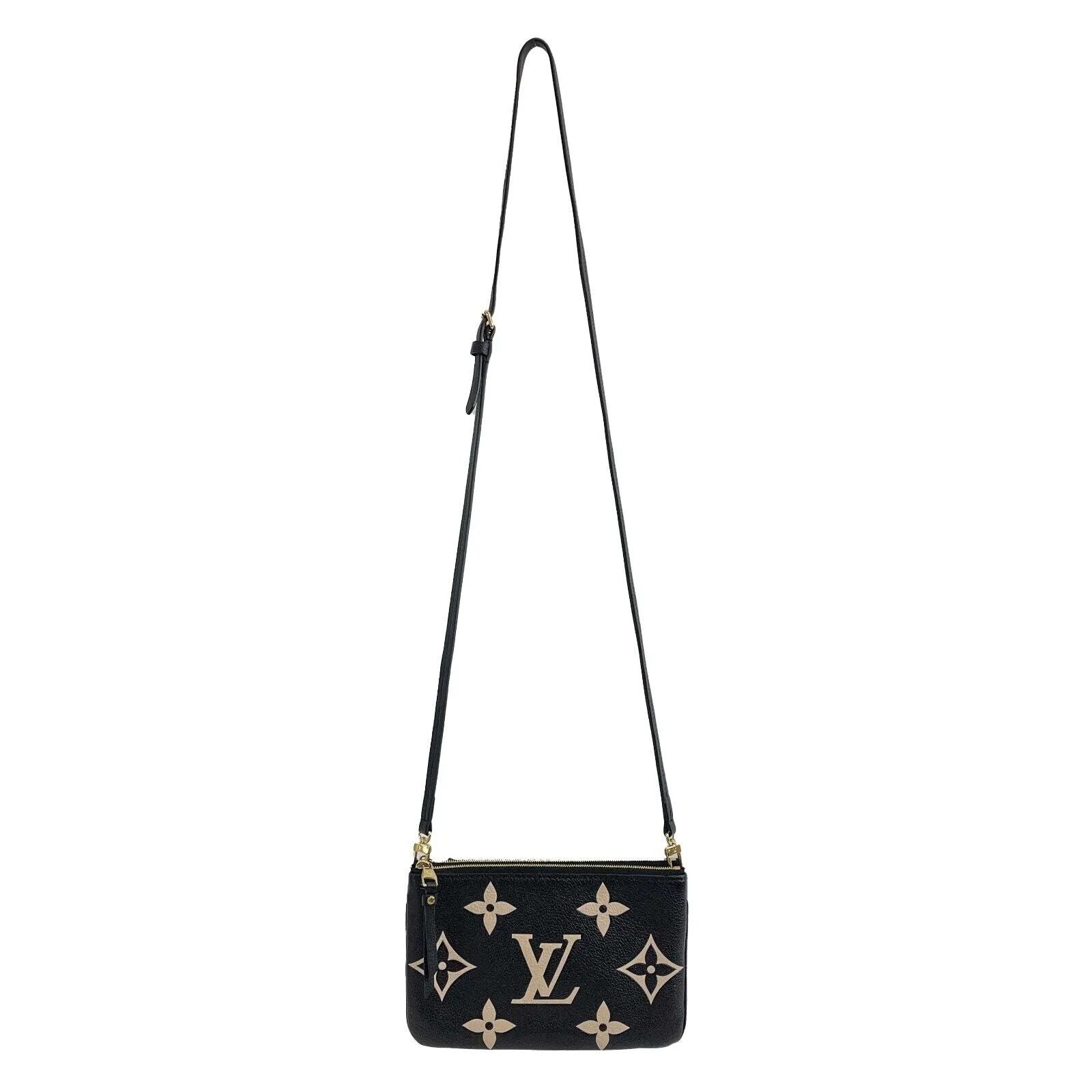 Louis Vuitton - Double Zip Pochette - Black / Beige Leather Crossbody - FULL KIT