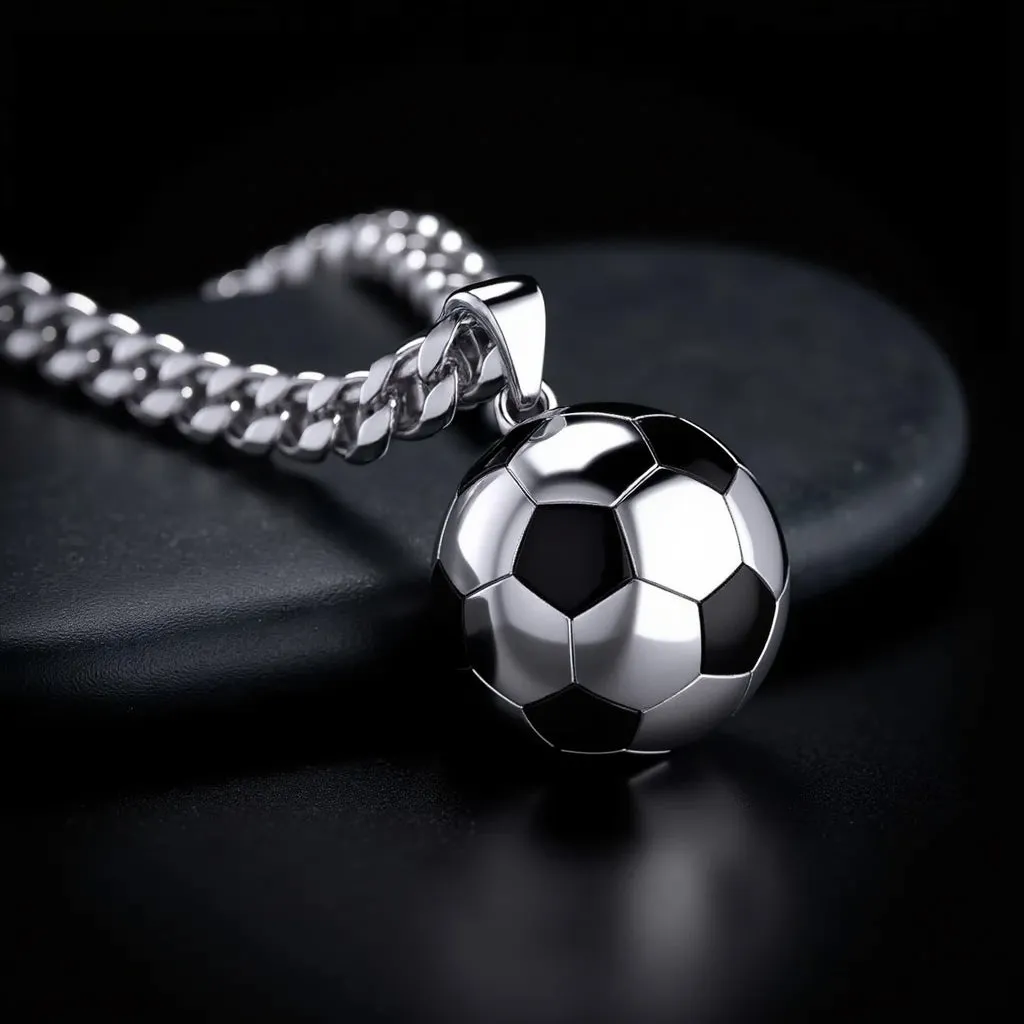 Men's Large 925 Sterling Silver 3D Soccer Ball Football Pendant Necklace, 18.5mm