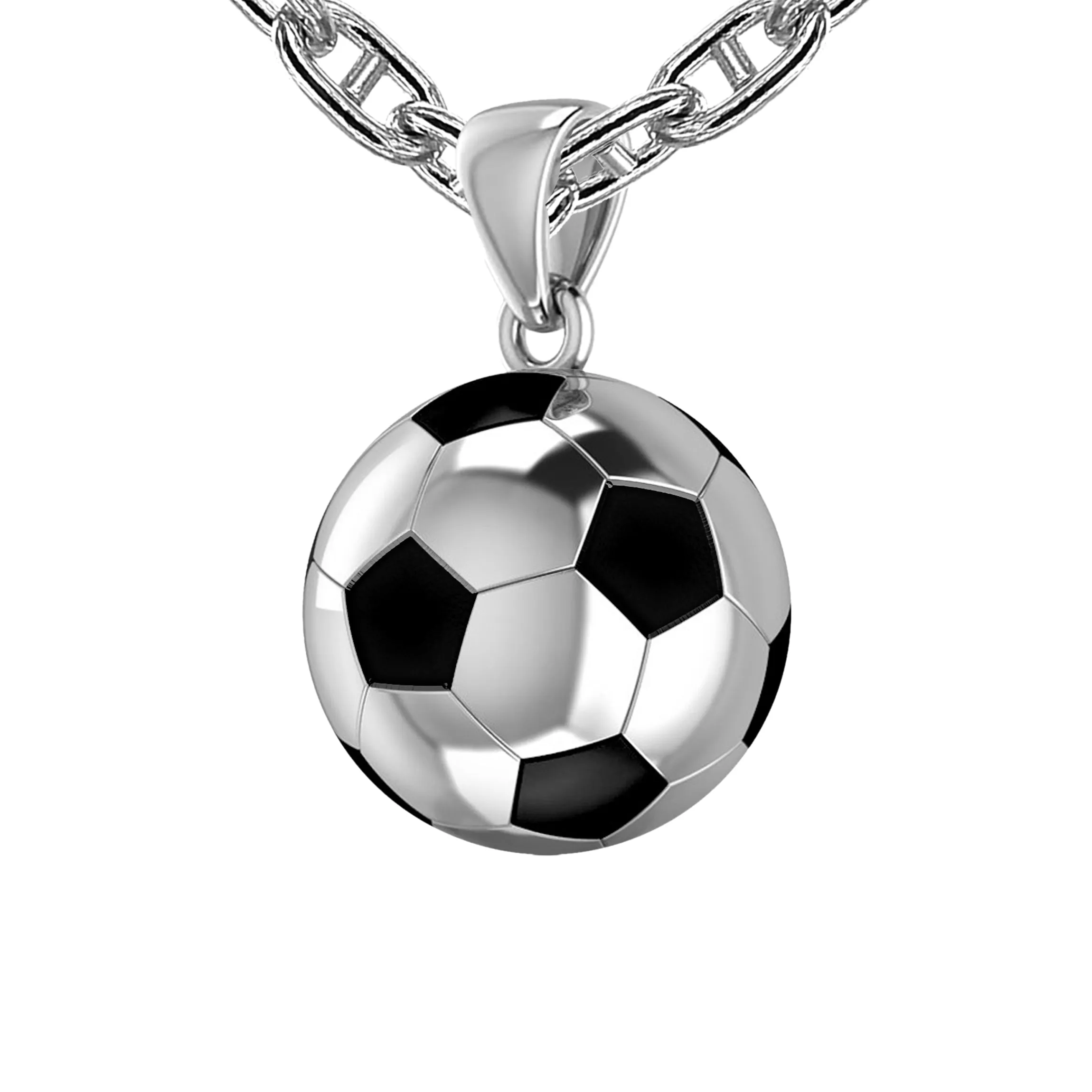 Men's Large 925 Sterling Silver 3D Soccer Ball Football Pendant Necklace, 18.5mm