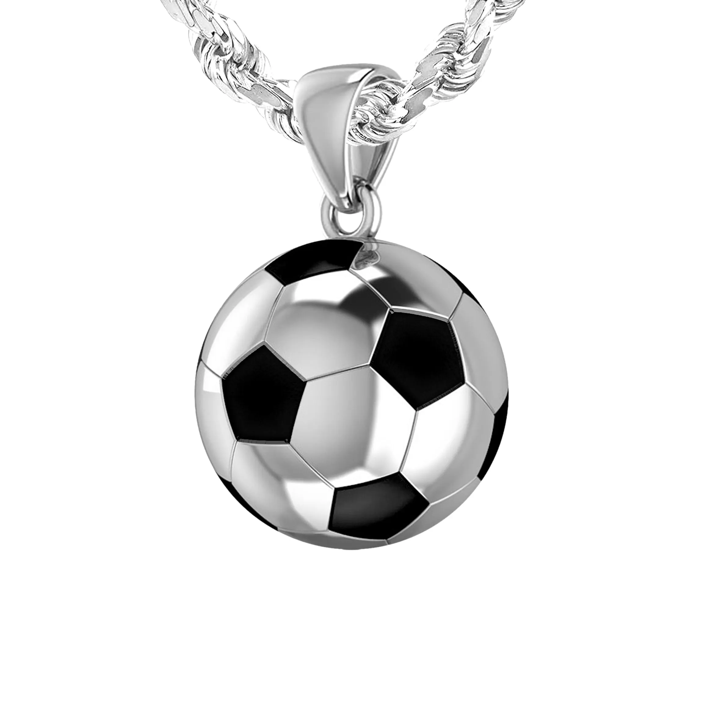 Men's Large 925 Sterling Silver 3D Soccer Ball Football Pendant Necklace, 18.5mm