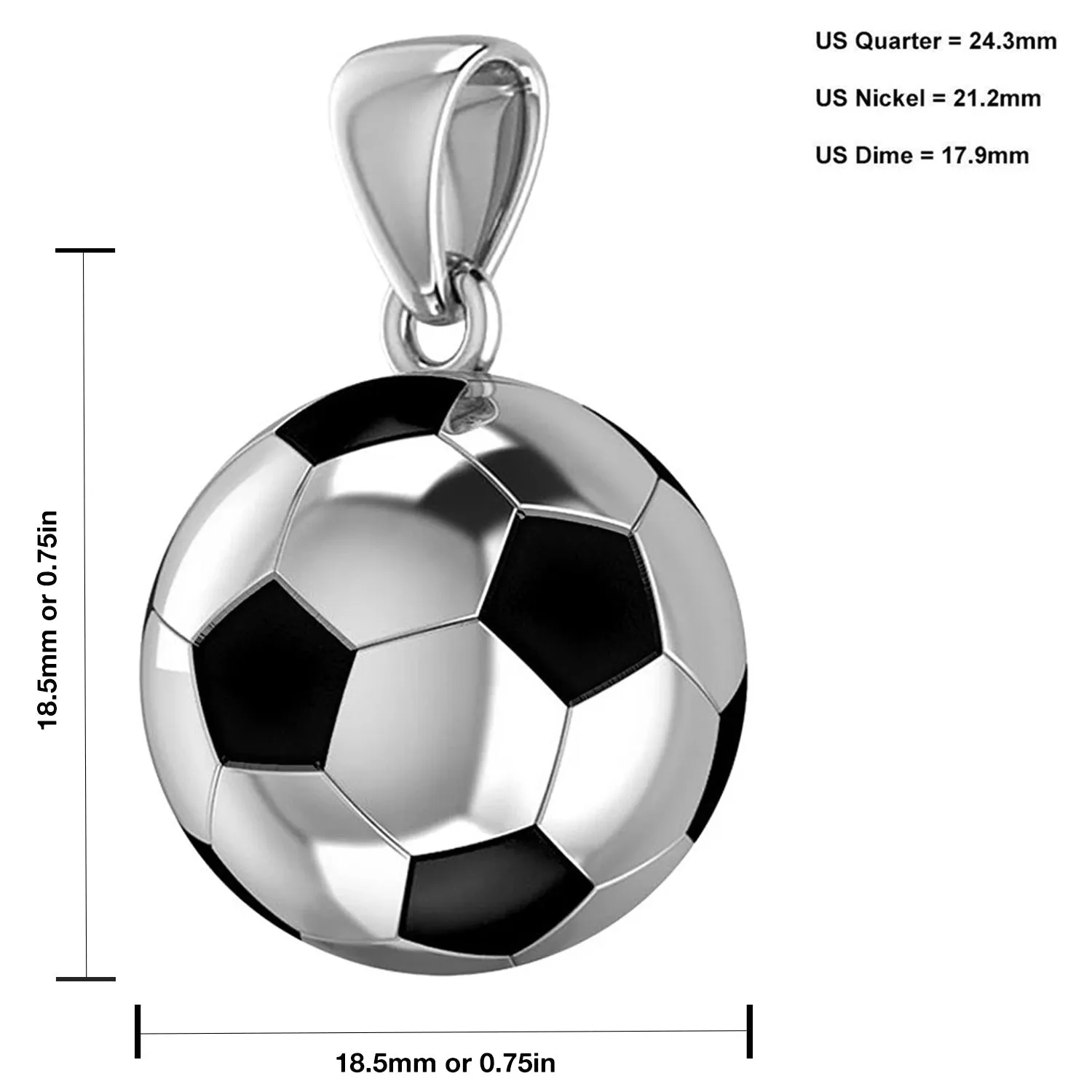 Men's Large 925 Sterling Silver 3D Soccer Ball Football Pendant Necklace, 18.5mm