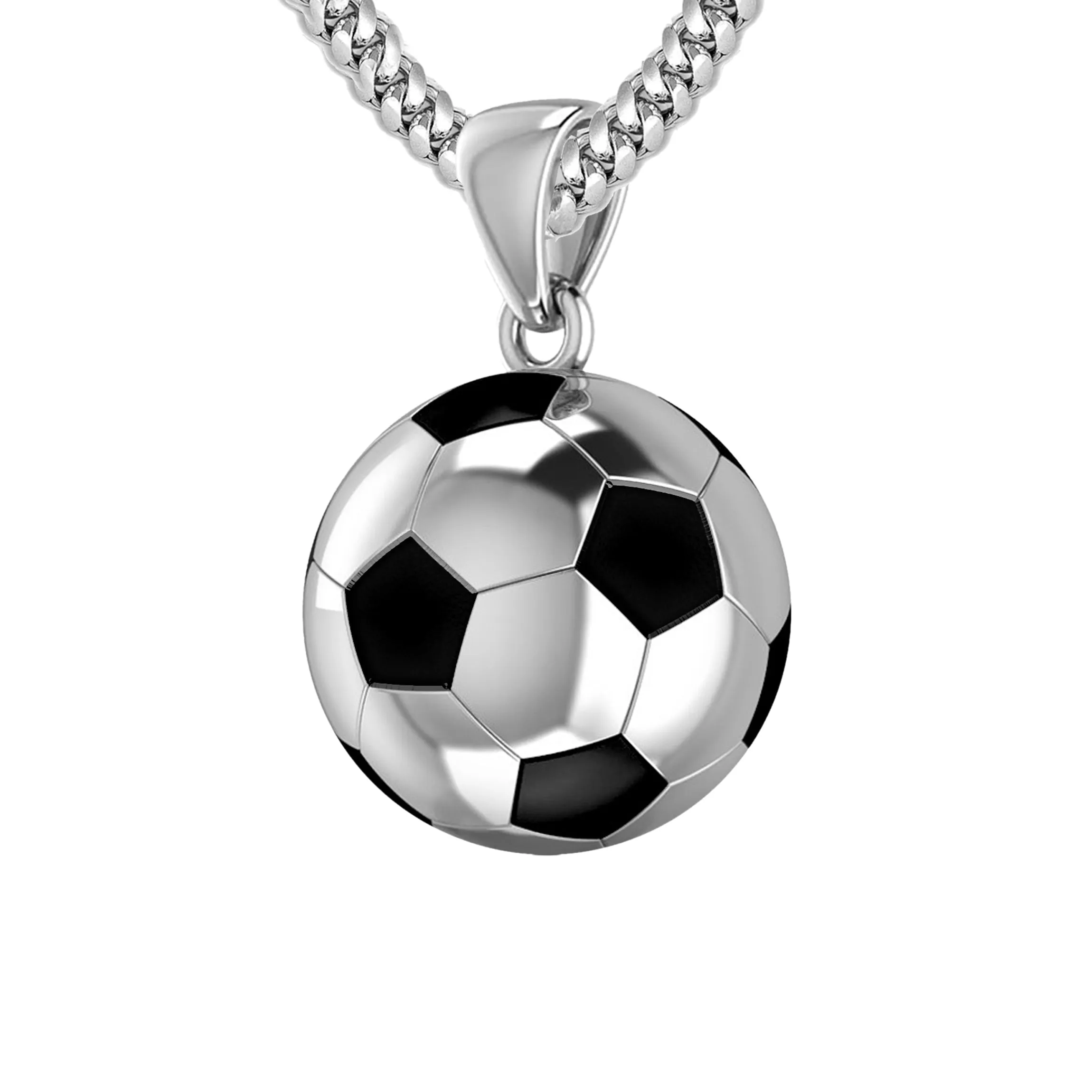 Men's Large 925 Sterling Silver 3D Soccer Ball Football Pendant Necklace, 18.5mm
