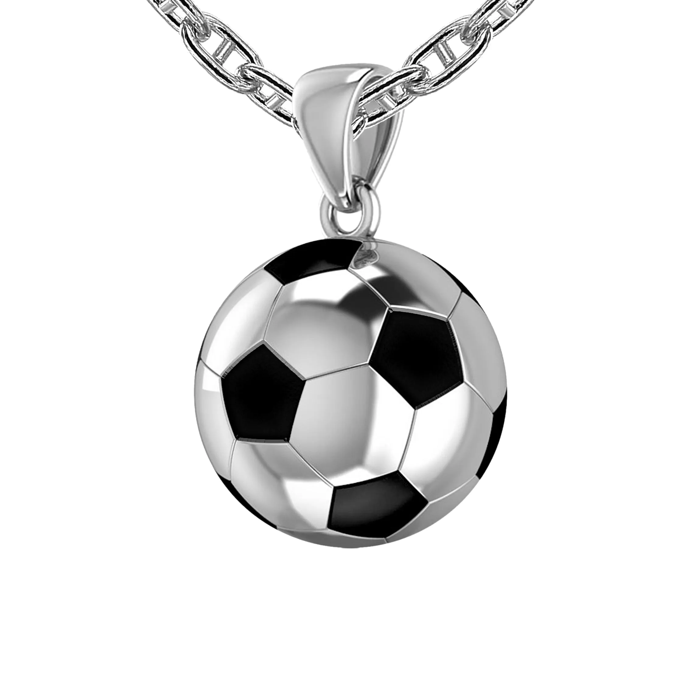 Men's Large 925 Sterling Silver 3D Soccer Ball Football Pendant Necklace, 18.5mm