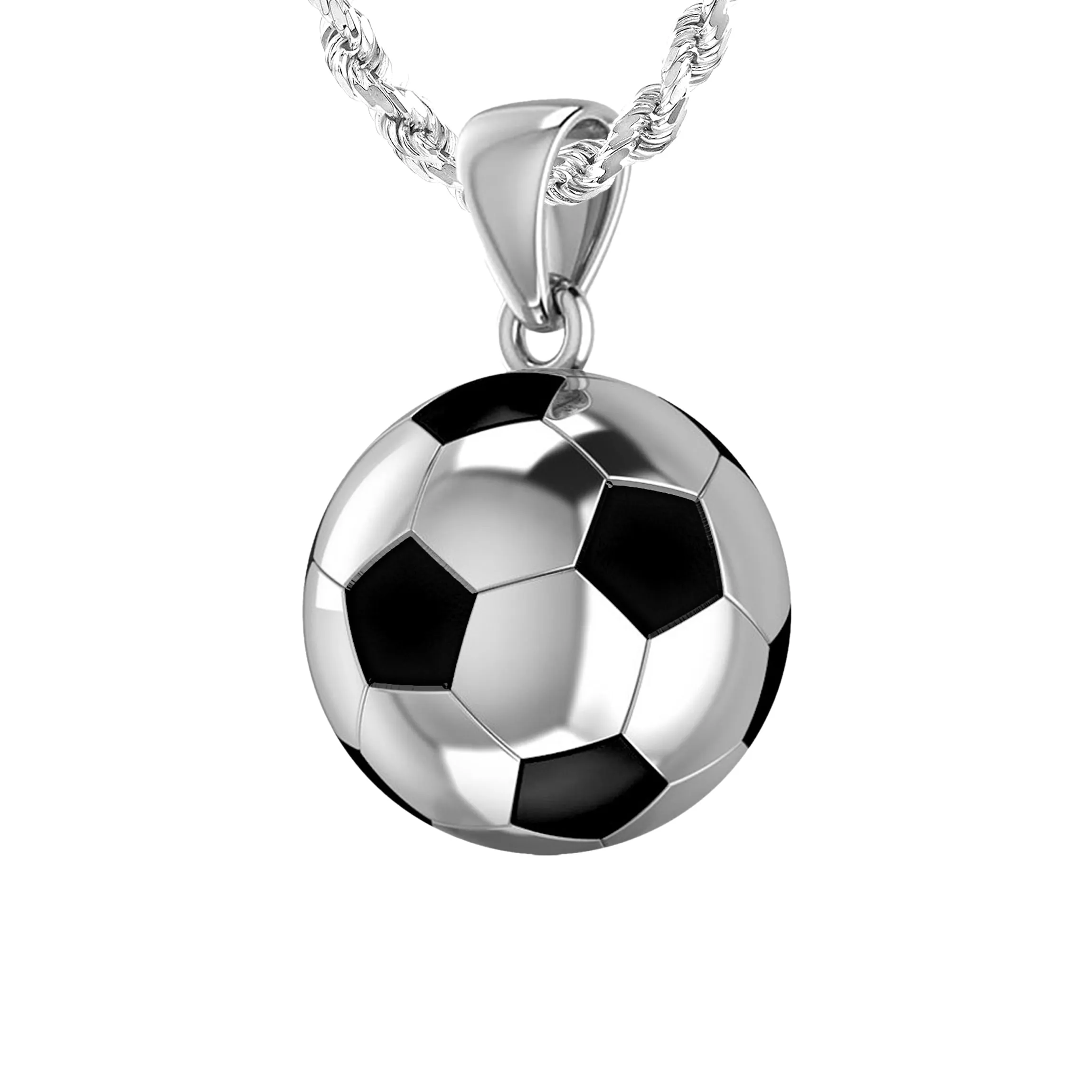 Men's Large 925 Sterling Silver 3D Soccer Ball Football Pendant Necklace, 18.5mm