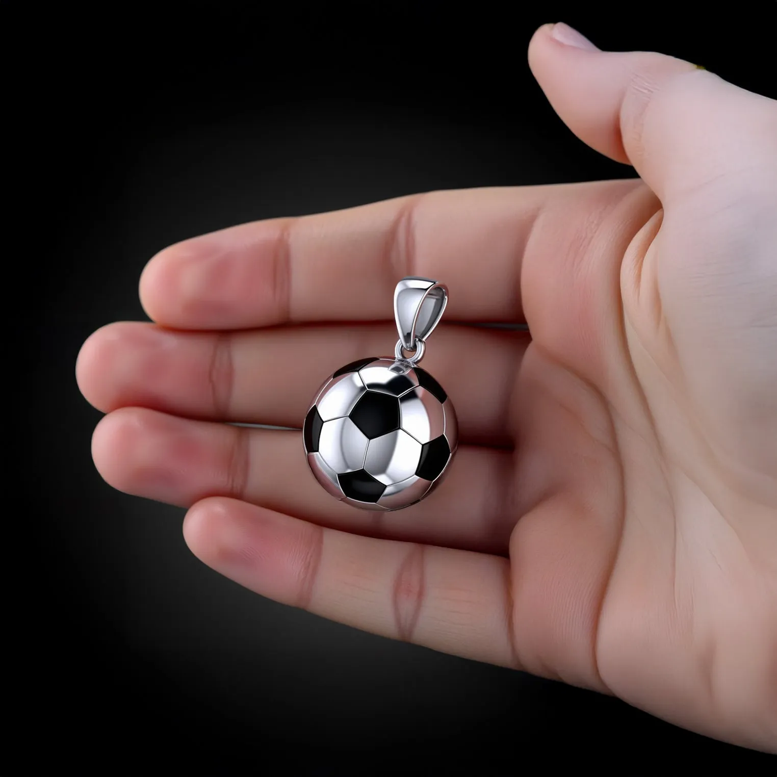 Men's Large 925 Sterling Silver 3D Soccer Ball Football Pendant Necklace, 18.5mm