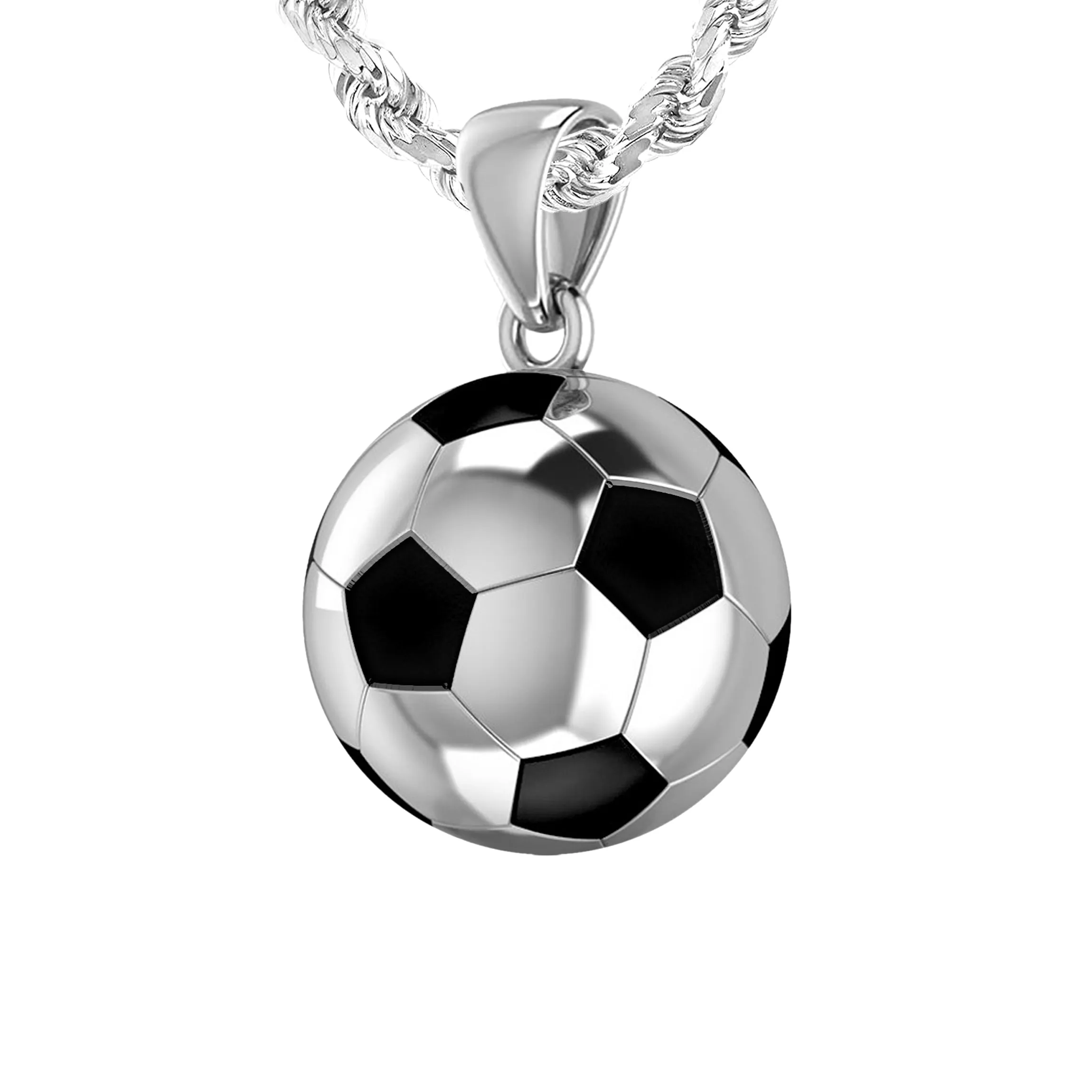 Men's Large 925 Sterling Silver 3D Soccer Ball Football Pendant Necklace, 18.5mm