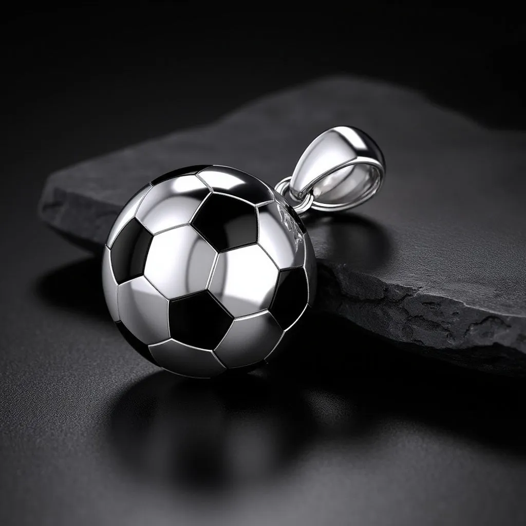 Men's Large 925 Sterling Silver 3D Soccer Ball Football Pendant Necklace, 18.5mm
