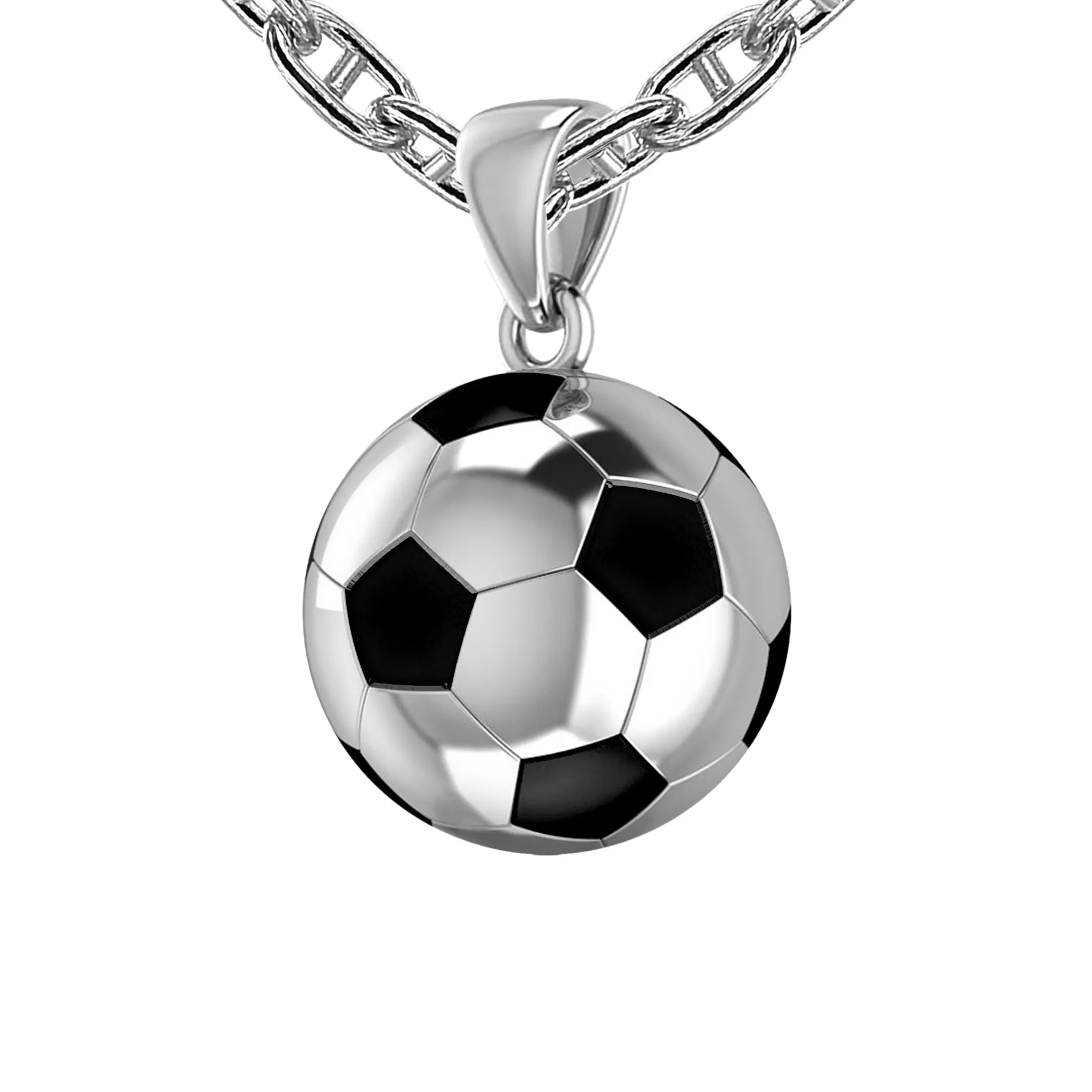 Men's Large 925 Sterling Silver 3D Soccer Ball Football Pendant Necklace, 18.5mm