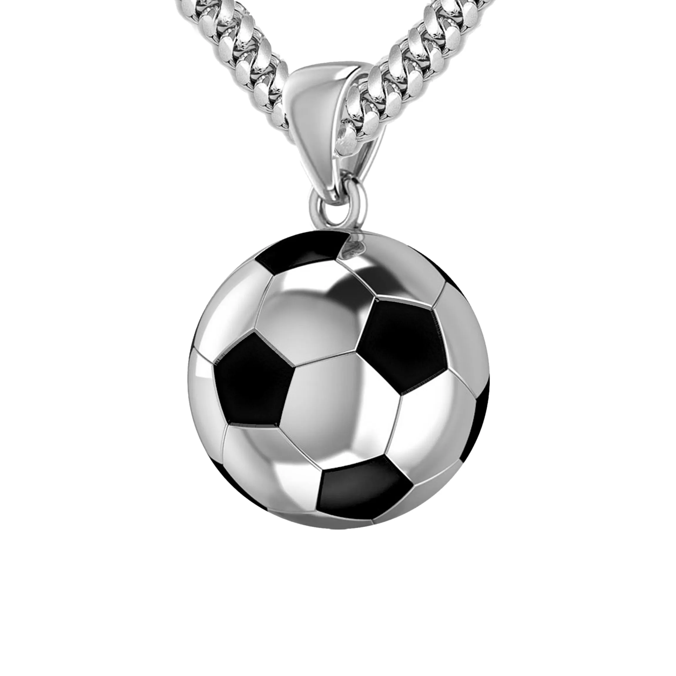 Men's Large 925 Sterling Silver 3D Soccer Ball Football Pendant Necklace, 18.5mm