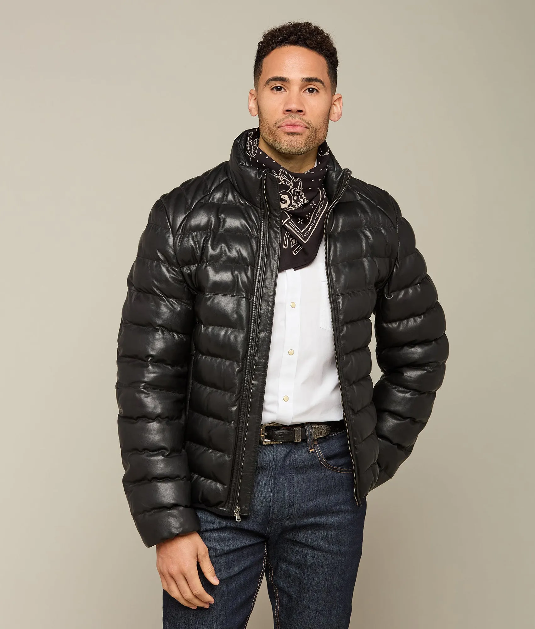 Men's Leather Puffer Jacket :: Black